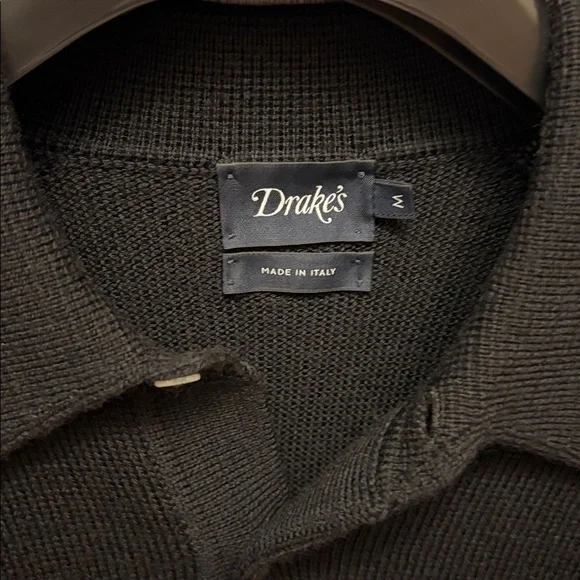 Drakes - Black Merino Wool Knitted Polo - Size M - Picture 5 of 11